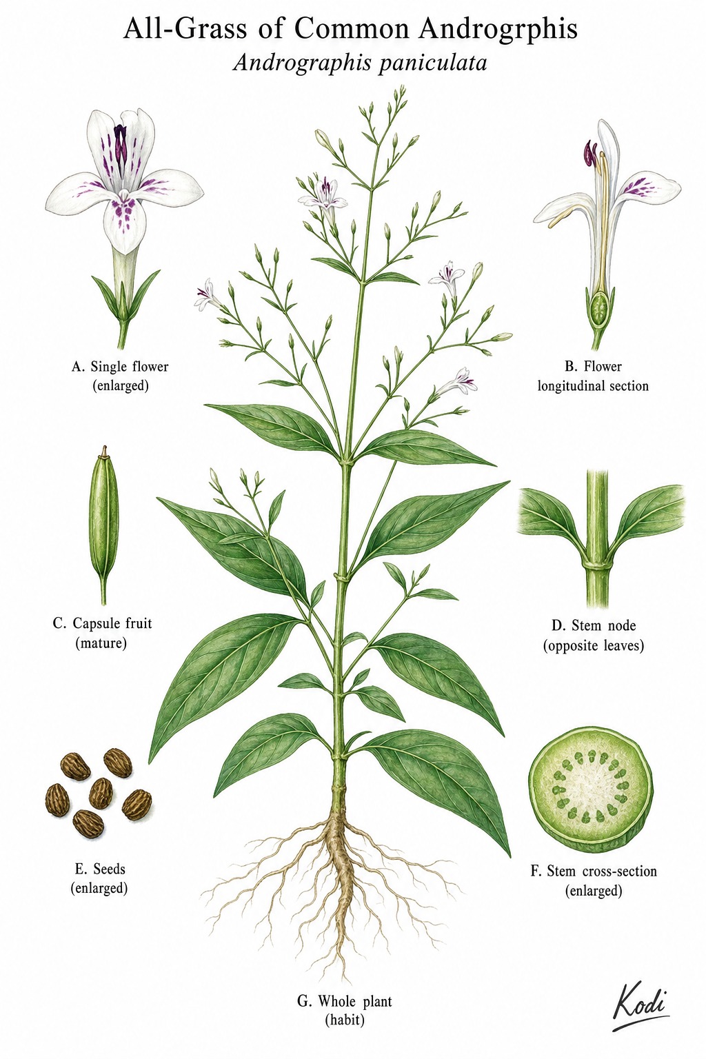 Botanical illustration of All-Grass of Common Androgrphis, Andrographis paniculata, showing habit, leaves, flowers, fruit, seed, root, and diagnostic plant details.