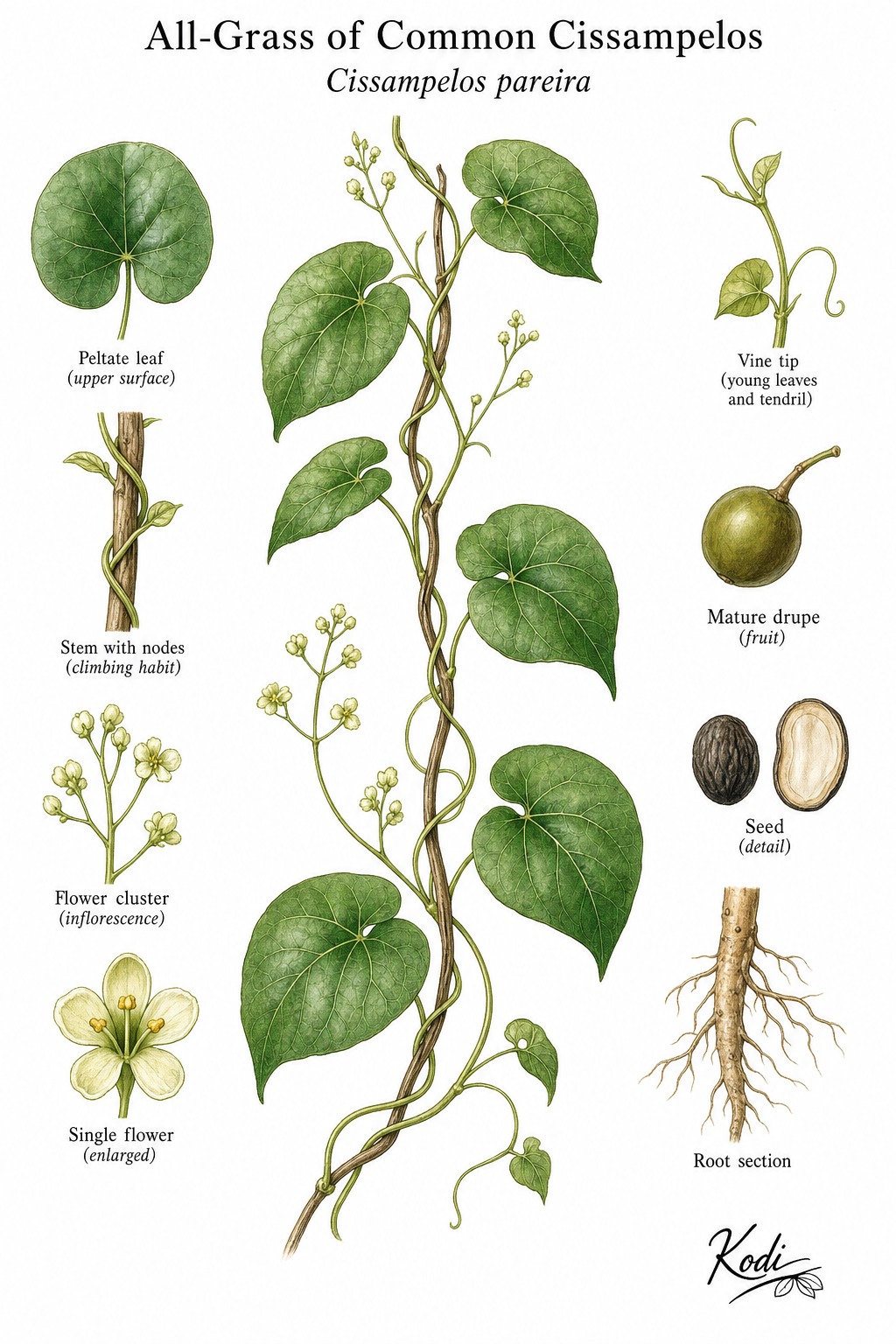 Botanical illustration of All-Grass of Common Cissampelos, Cissampelos pareira, showing habit, leaves, flowers, fruit, seed, root, and diagnostic plant details.