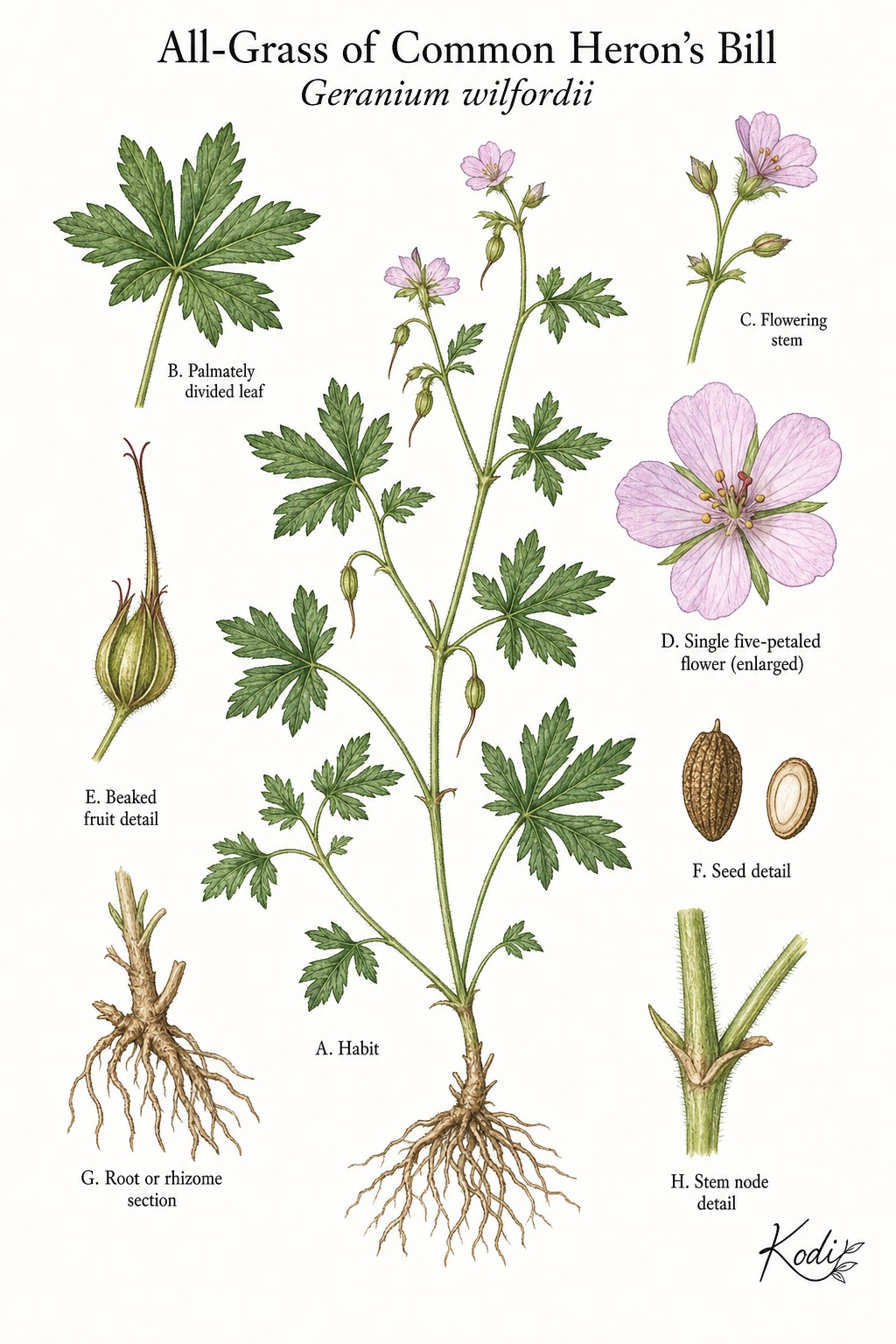 Botanical illustration of All-Grass of Common Heron's Bill, Geranium wilfordii, showing habit, leaves, flowers, fruit, seed, root, and diagnostic plant details.