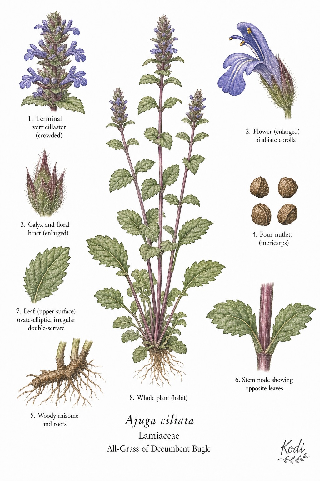 Botanical illustration of All-Grass of Decumbent Bugle, Ajuga ciliata, showing habit, leaves, flowers, fruit, seed, root, and diagnostic plant details.