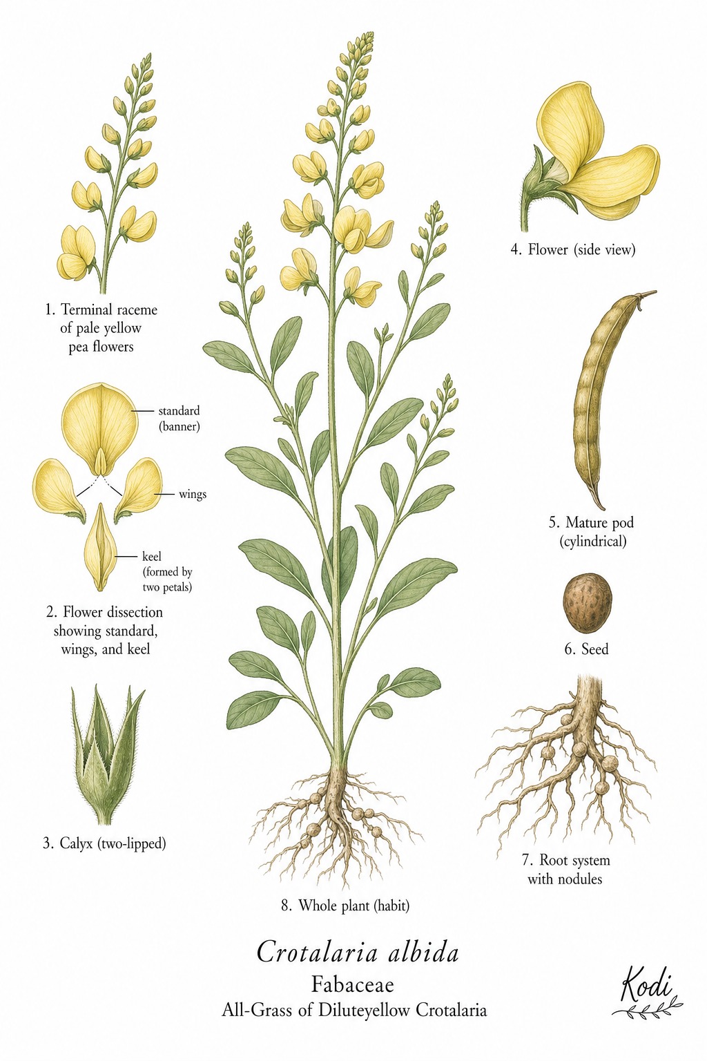 Botanical illustration of All-Grass of Diluteyellow Crotalaria, Crotalaria albida, showing habit, leaves, flowers, fruit, seed, root, and diagnostic plant details.