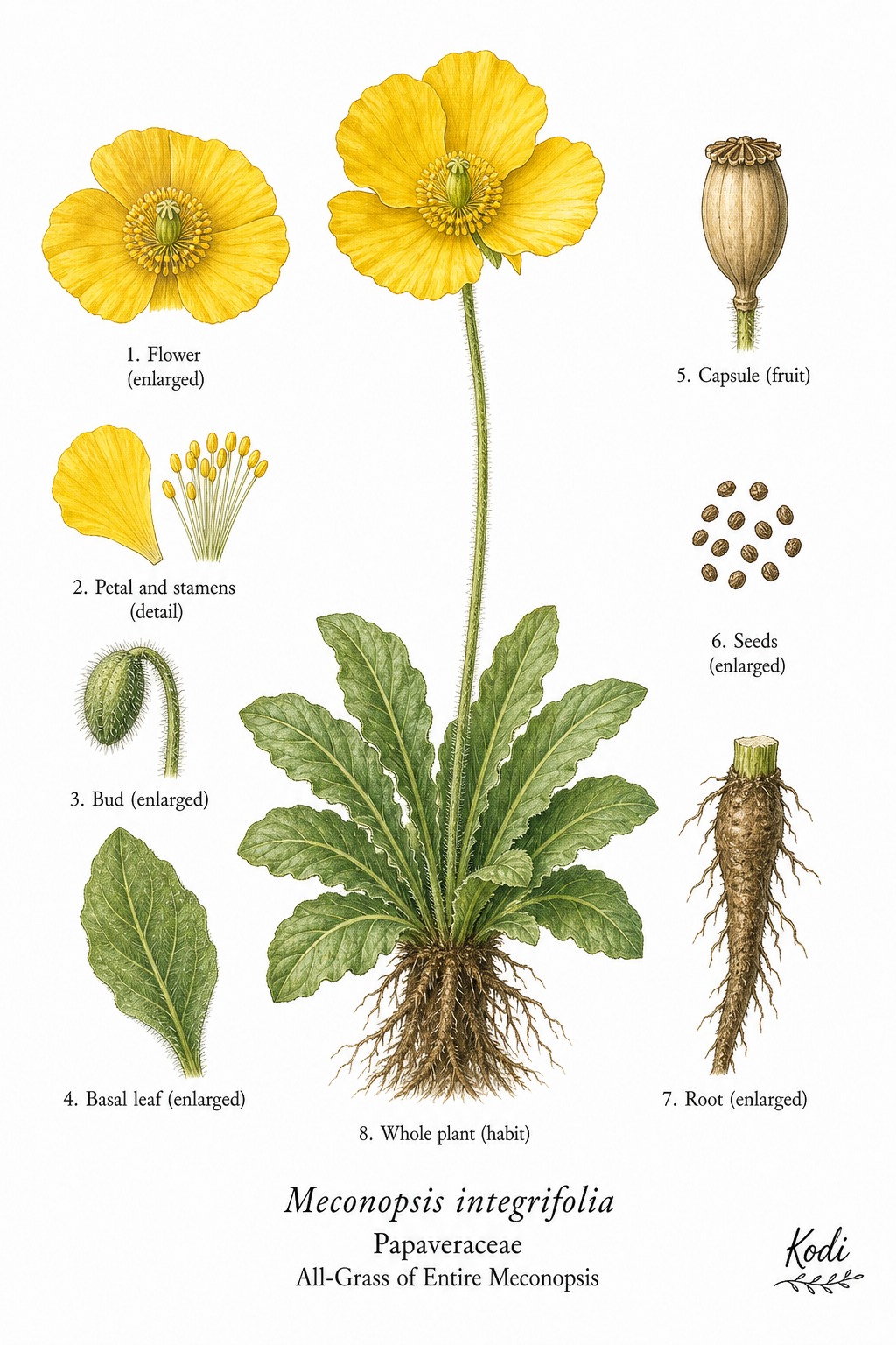 Botanical illustration of All-Grass of Entire Meconopsis, Meconopsis integrifolia, showing habit, leaves, flowers, capsule, seed, root, and diagnostic plant details.