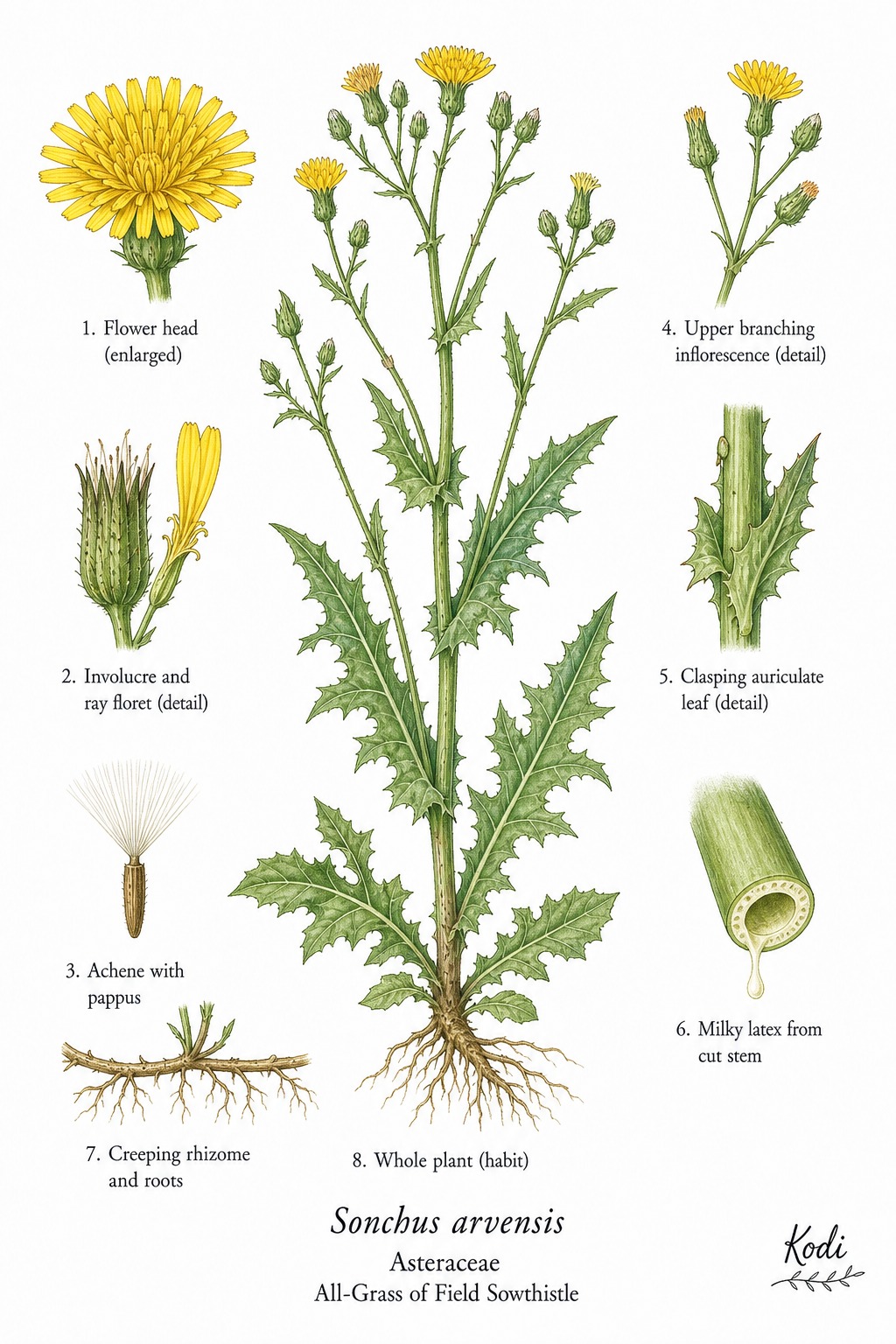 Botanical illustration of All-Grass of Field Sowthistle, Sonchus arvensis, showing habit, leaves, flower heads, fruit, pappus, root, and diagnostic plant details.