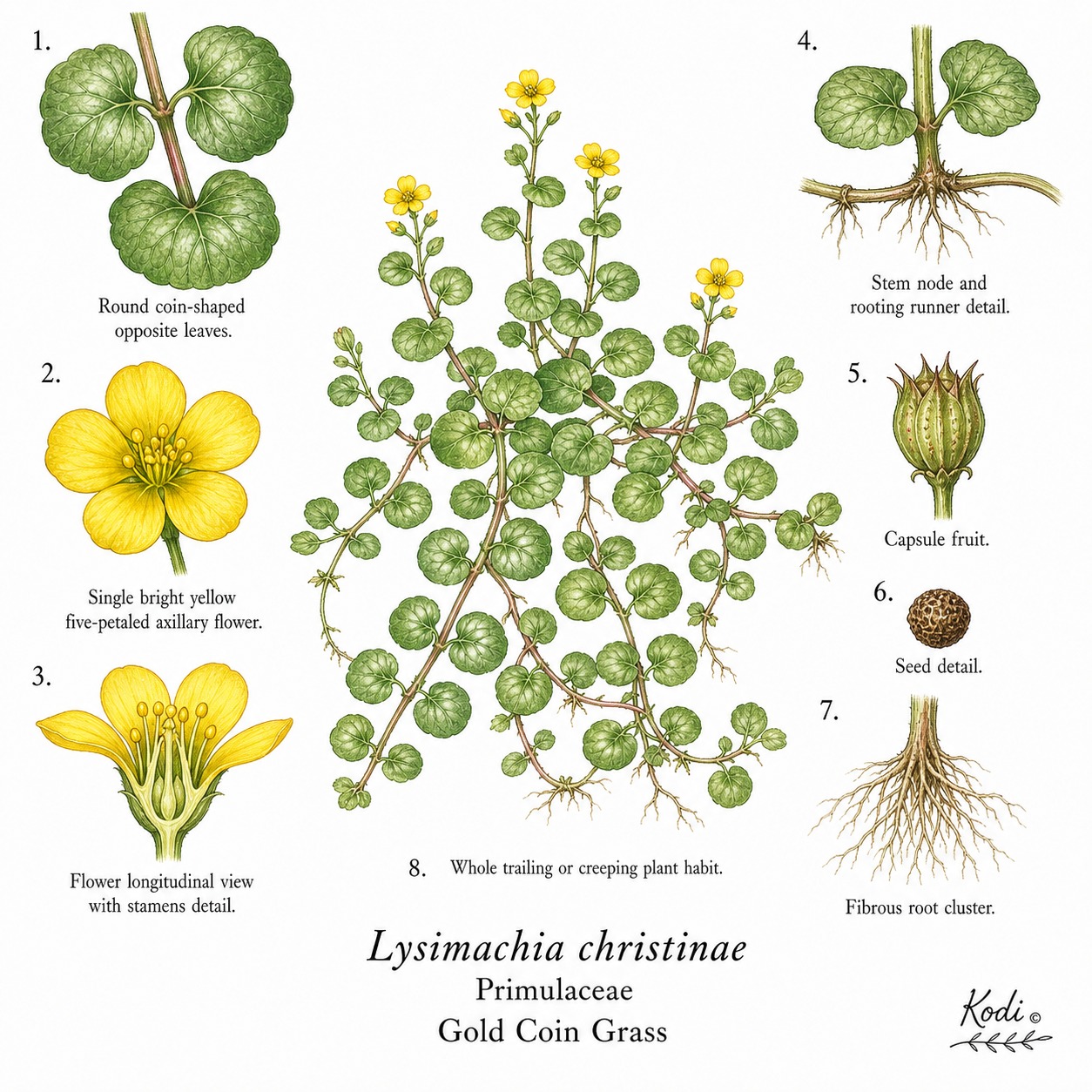 Botanical illustration of Gold Coin Grass, Lysimachia christinae, showing habit, coin-shaped leaves, flowers, fruit, root, and diagnostic plant details.