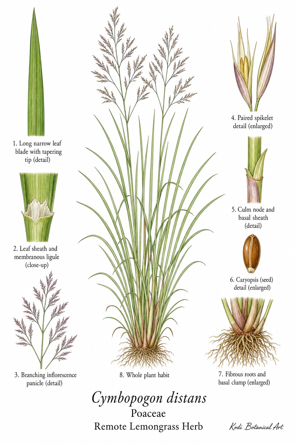 Botanical illustration of Remote Lemongrass Herb, Cymbopogon distans, showing habit, leaves, inflorescence, spikelets, seed, roots, and diagnostic plant details.
