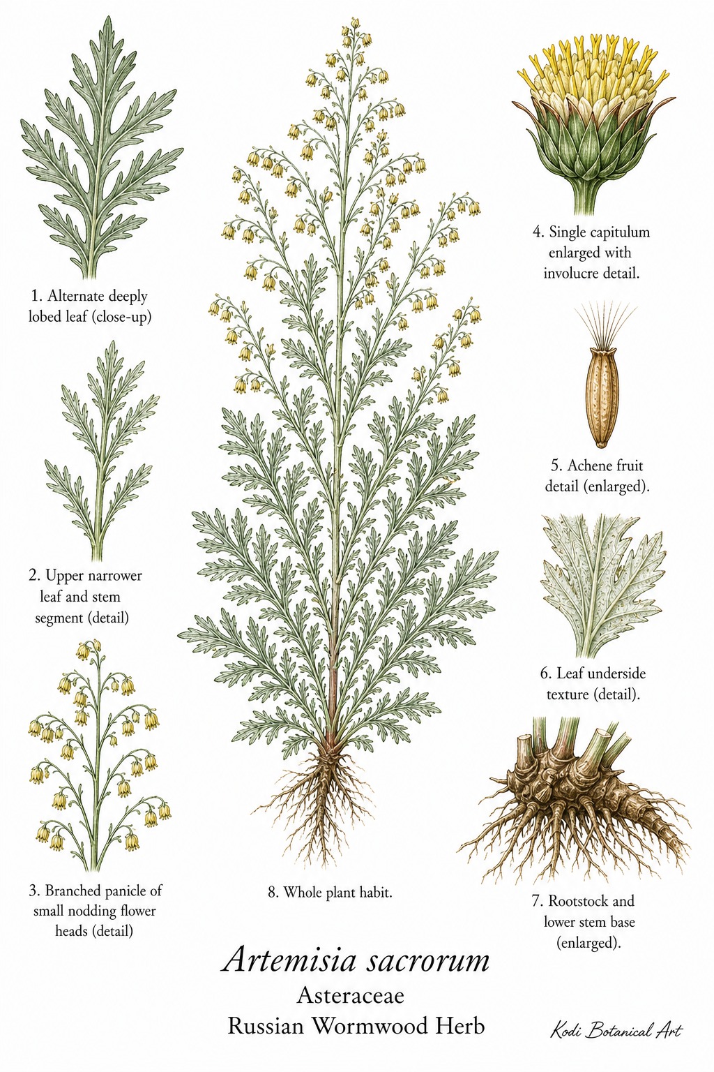 Botanical illustration of Russian Wormwood Herb, Artemisia sacrorum, showing habit, leaves, flower heads, achene fruit, rootstock, and diagnostic plant details.