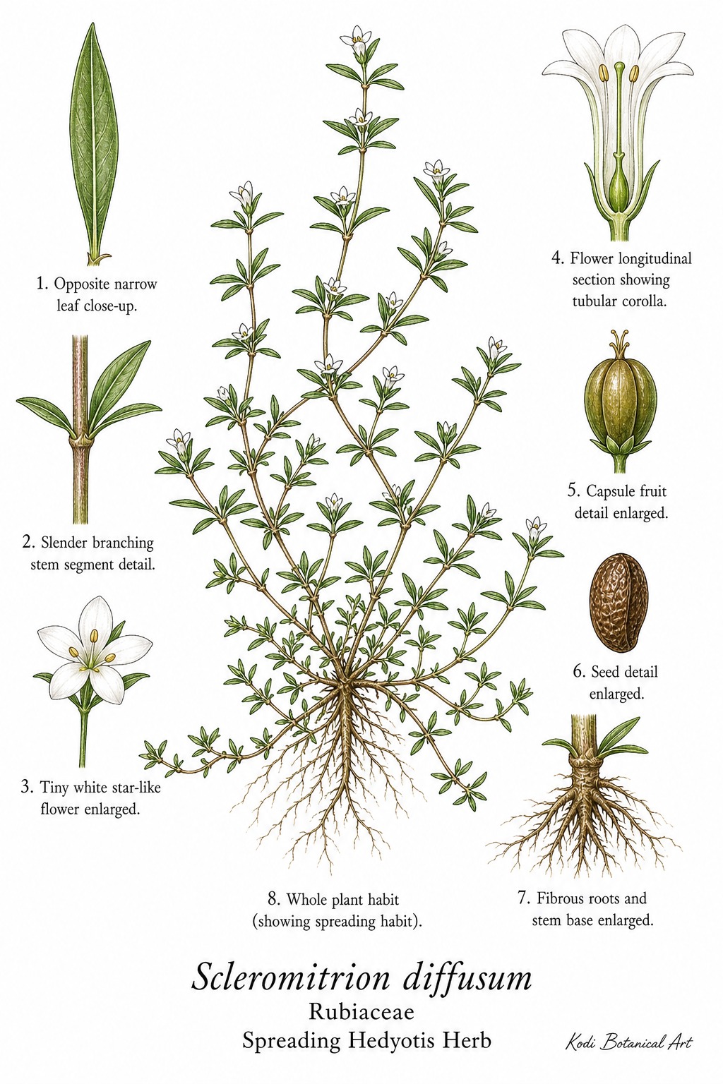 Botanical illustration of Spreading Hedyotis Herb, Scleromitrion diffusum, showing habit, leaves, flowers, capsule fruit, seed, root, and diagnostic plant details.