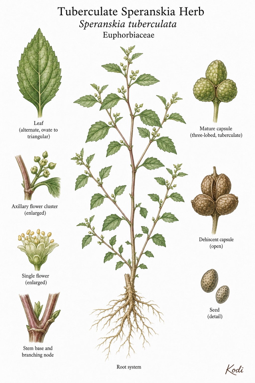 Botanical illustration of Tuberculate Speranskia Herb, Speranskia tuberculata, showing habit, leaves, flowers, capsule, seed, root, and diagnostic plant details.