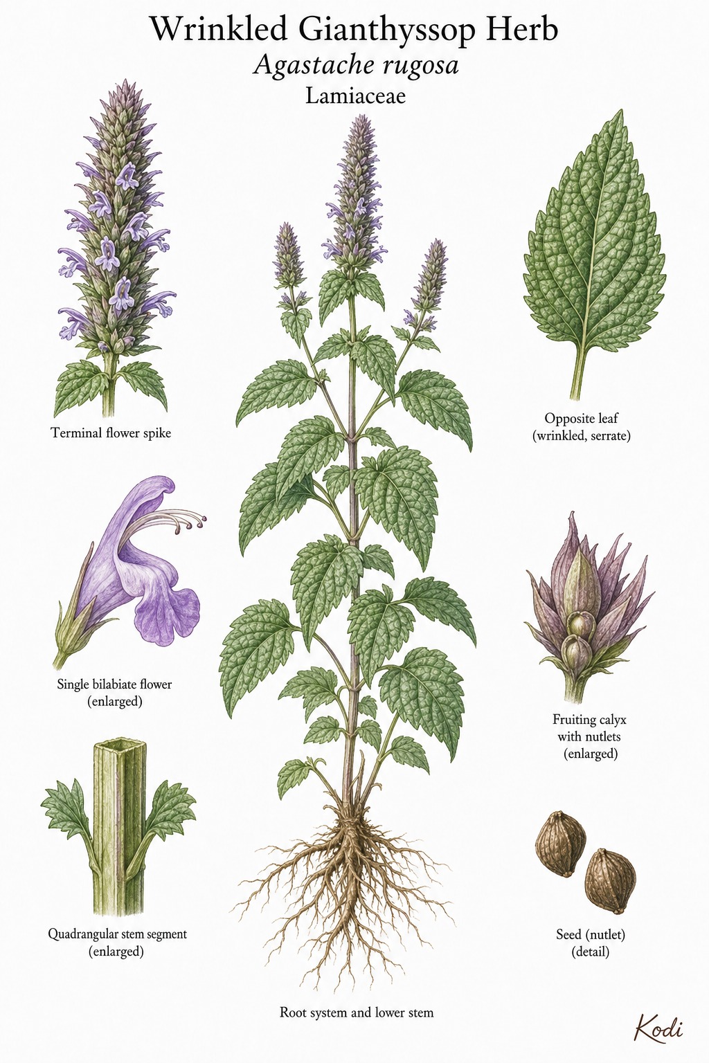Botanical illustration of Wrinkled Gianthyssop Herb, Agastache rugosa, showing habit, wrinkled leaves, flower spike, bilabiate flower, nutlets, root, and diagnostic plant details.