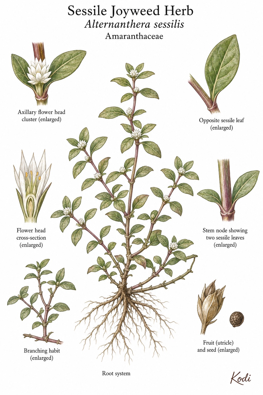 Botanical illustration of Sessile Joyweed Herb, Alternanthera sessilis, showing mat-forming habit, opposite leaves, flower heads, stem nodes, root, and diagnostic plant details.