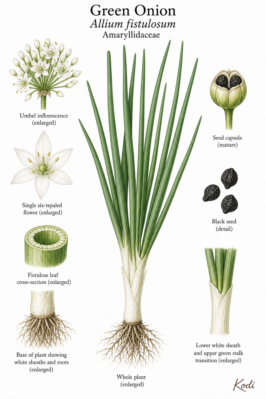 Botanical illustration of Green Onion, Allium fistulosum, showing whole-plant habit, hollow leaves, white sheath base, inflorescence, flower, seed capsule, roots, and diagnostic plant details.