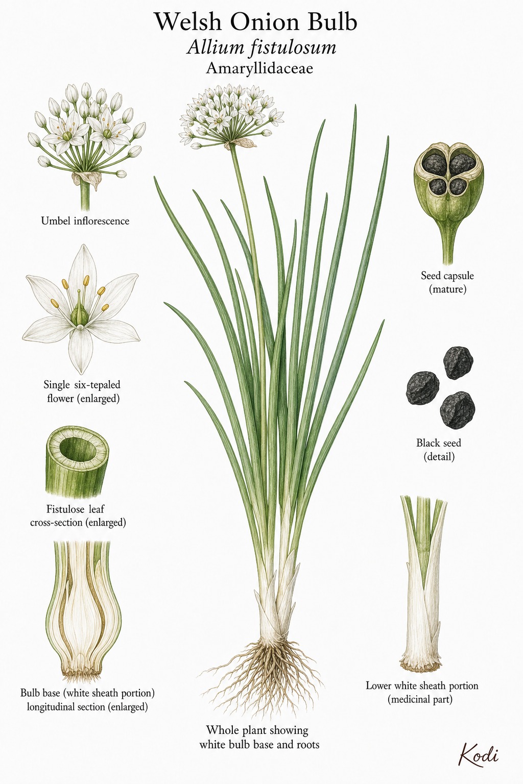 Botanical illustration of Welsh Onion Bulb, Allium fistulosum, showing bulb base, hollow leaves, inflorescence, flower, seed capsule, roots, and diagnostic plant details.
