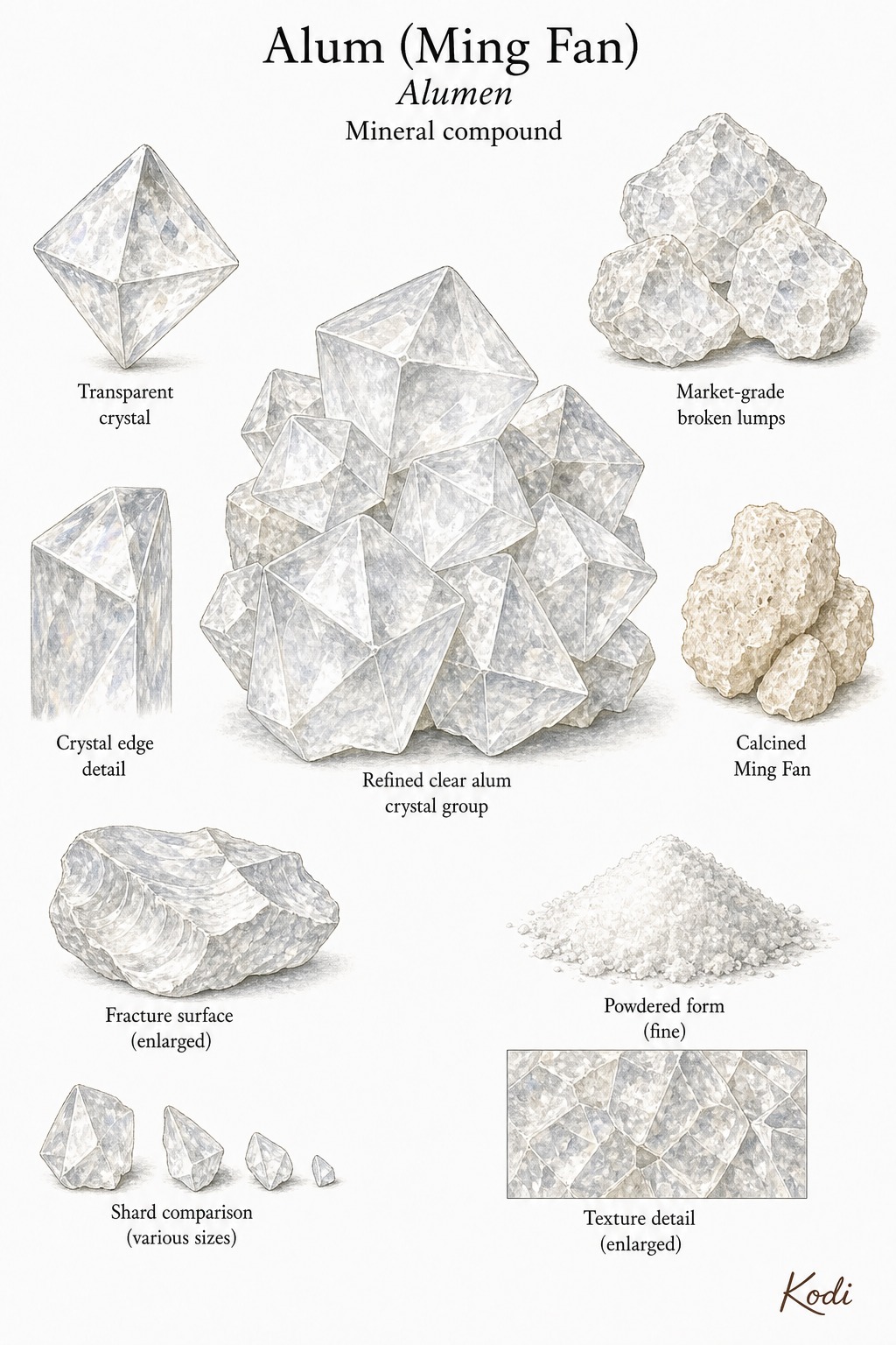 Scientific specimen plate of Alum (Ming Fan), Alumen, showing refined clear crystals, market lumps, calcined alum, powder, fracture surfaces, and diagnostic material details.