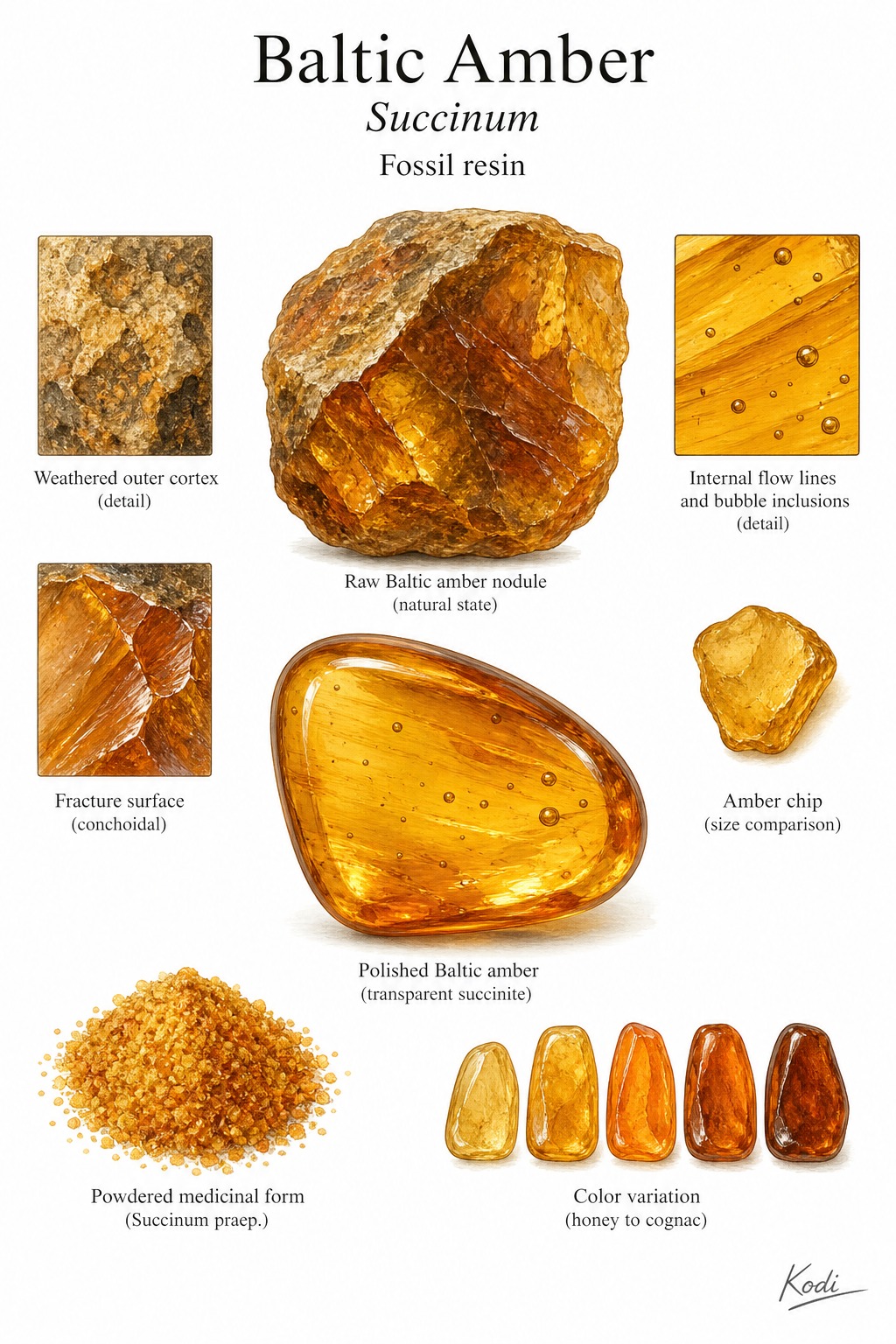 Scientific specimen plate of Baltic Amber, Succinum, showing raw amber nodule, polished honey-gold piece, weathered cortex, internal inclusions, powder, and diagnostic material details.