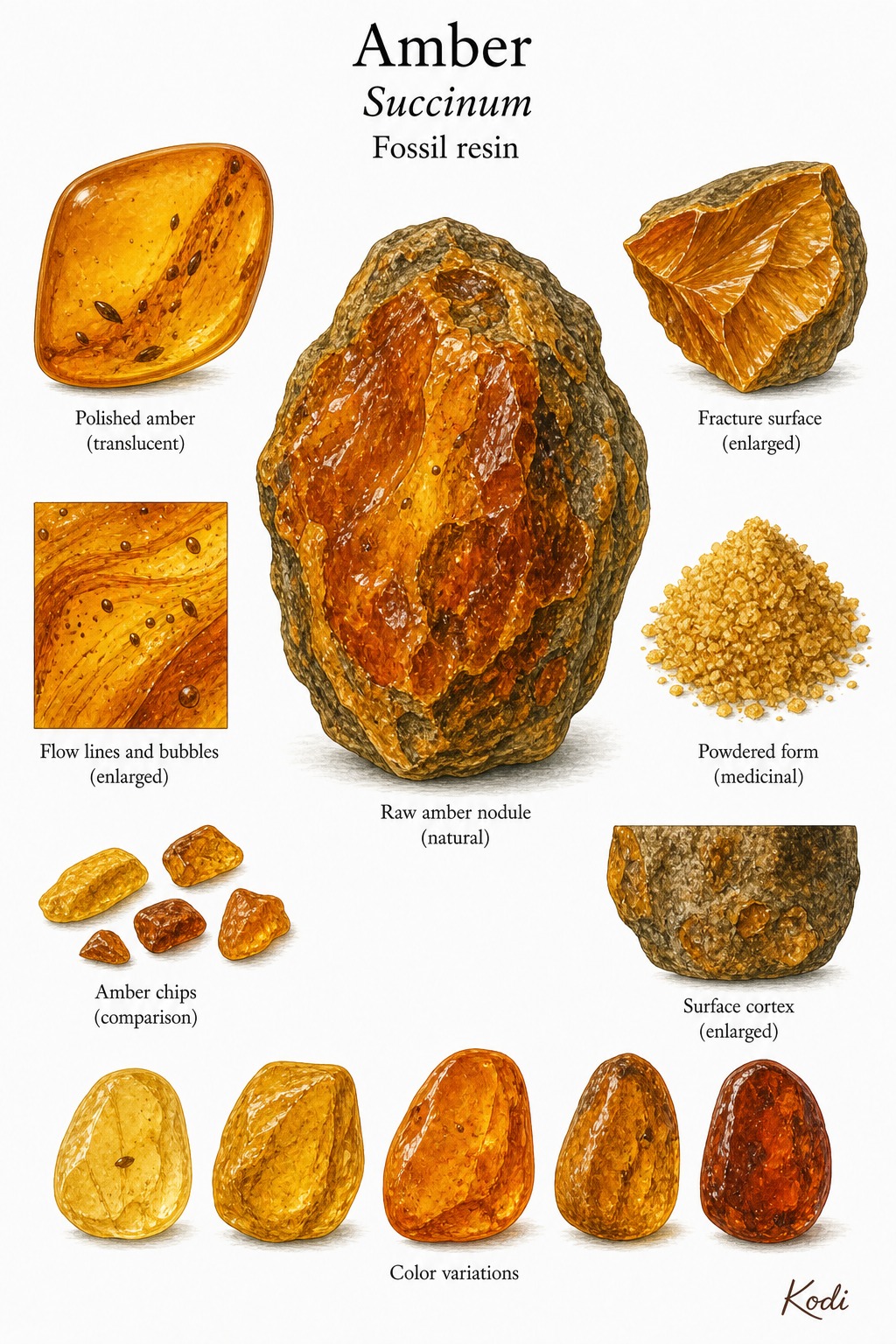 Scientific specimen plate of Amber, Succinum, showing raw amber, polished amber, fracture surface, translucent internal flow lines, powdered form, and diagnostic material details.