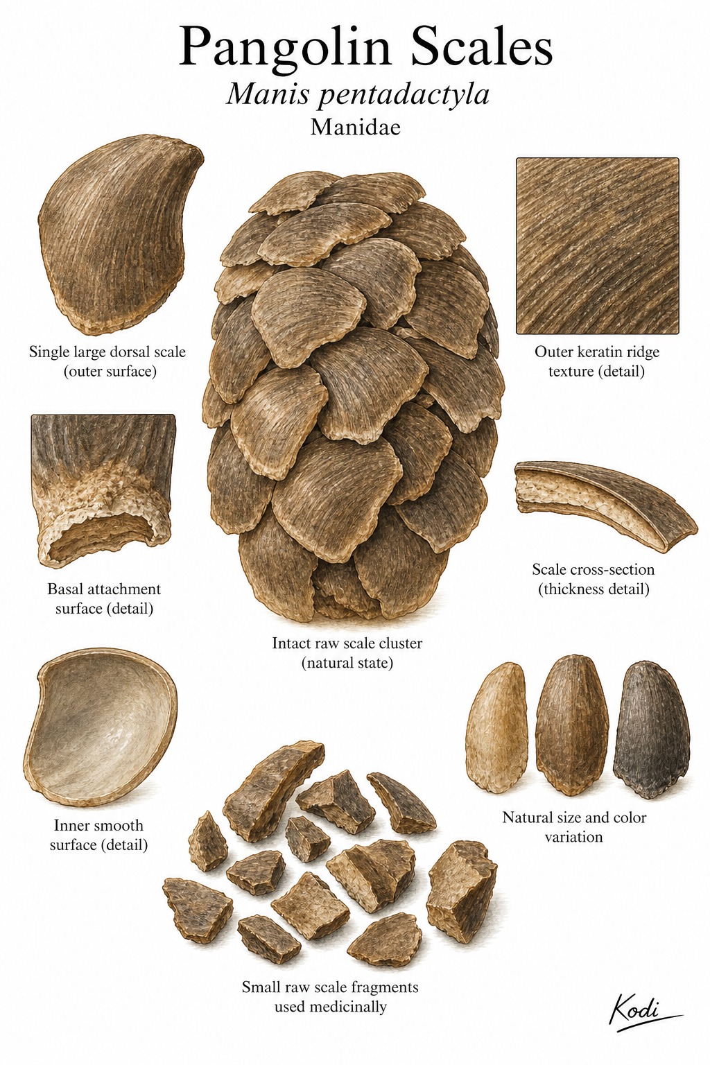 Scientific specimen plate of Pangolin Scales, Manis pentadactyla, showing intact raw scales, keratin ridges, basal attachment, cross-section, and diagnostic material details.