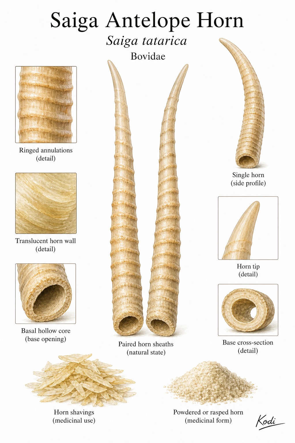 Scientific specimen plate of Saiga Antelope Horn, Saiga tatarica, showing paired horn sheaths, annulations, translucent horn wall, horn shavings, and diagnostic material details.
