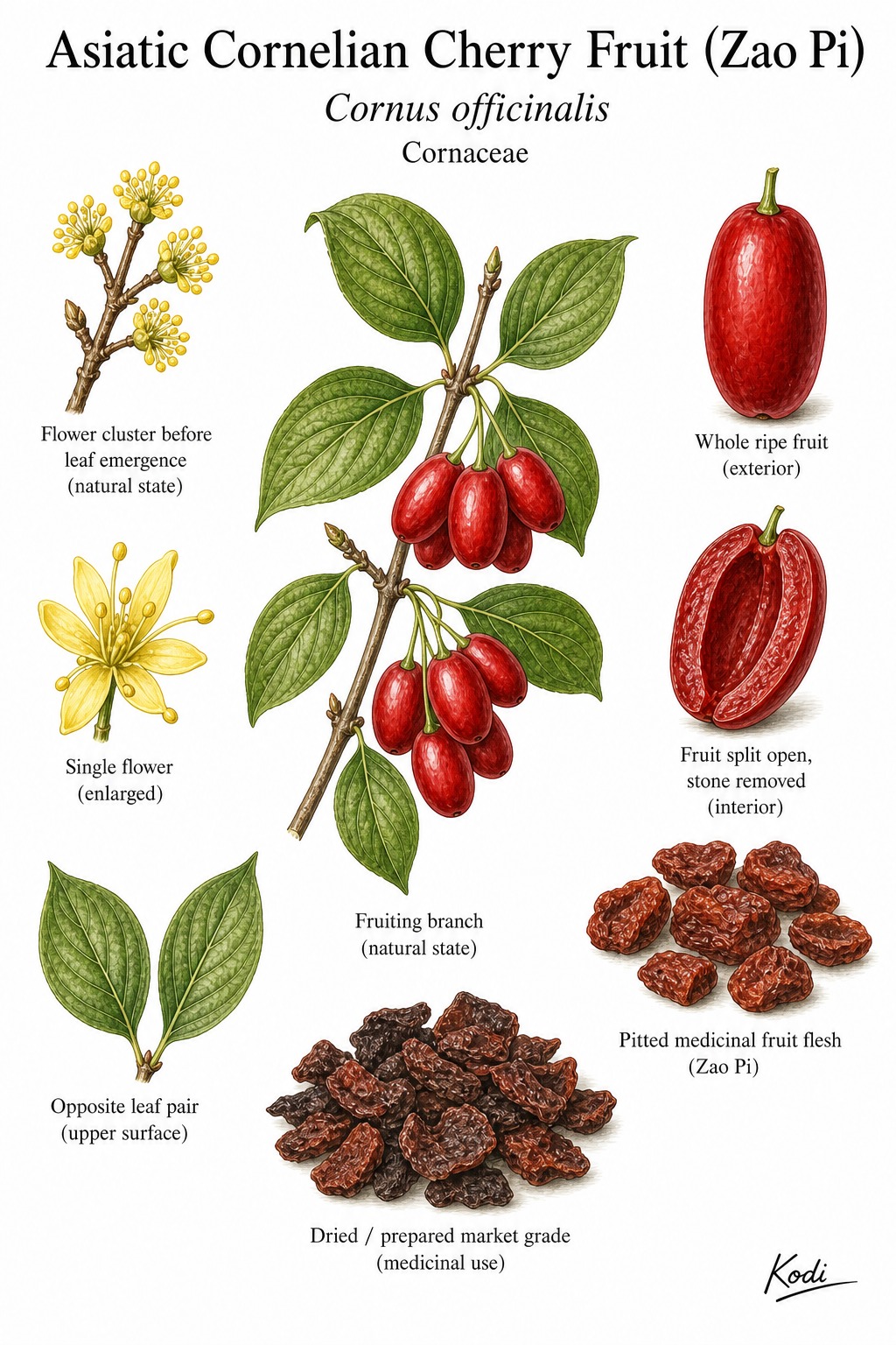 Botanical illustration of Asiatic Cornelian Cherry Fruit (Zao Pi), Cornus officinalis, showing flowering and fruiting branch, pitted fruit flesh pieces, prepared medicinal fruit, and diagnostic plant details.