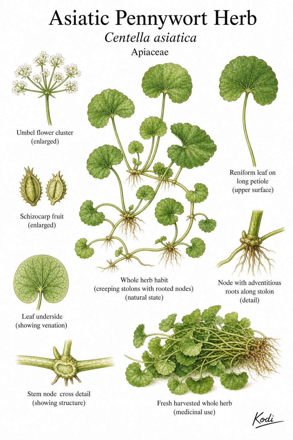 Botanical illustration of Asiatic Pennywort Herb, Centella asiatica, showing creeping whole-herb habit, rounded leaves, rooted nodes, umbels, and diagnostic plant details.