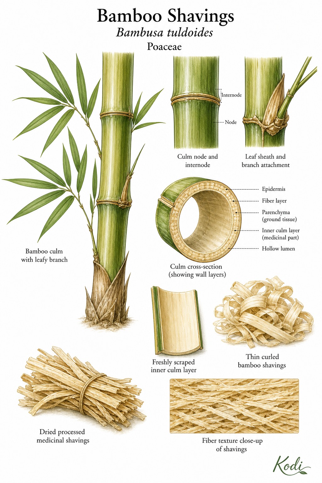 Botanical illustration of Bamboo Shavings, Bambusa tuldoides, showing bamboo culm, culm node, inner culm shavings, processed strips, and diagnostic plant details.