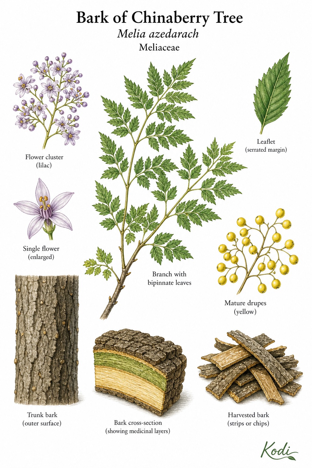 Botanical illustration of Bark of Chinaberry Tree, Melia azedarach, showing bipinnate leaves, lilac flowers, yellow drupes, trunk bark, medicinal bark strips, and diagnostic plant details.