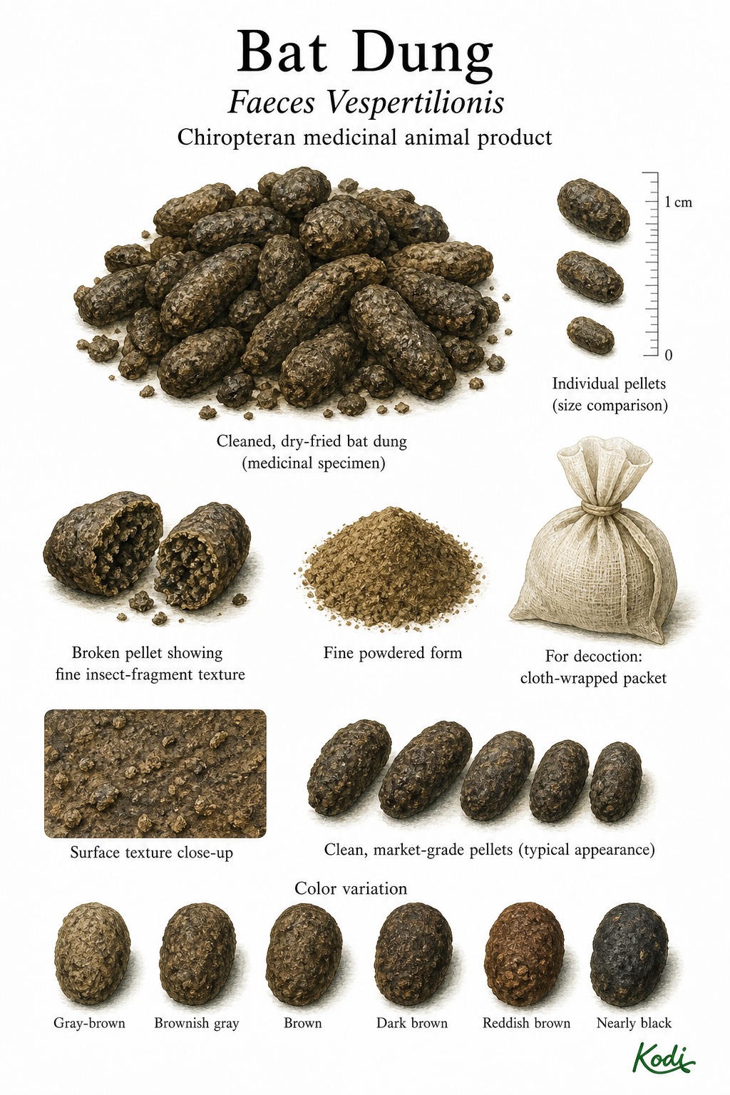Scientific specimen plate of Bat Dung, Faeces Vespertilionis, showing cleaned dry-fried pellets, broken pellet texture, powder, decoction packet, and diagnostic material details.