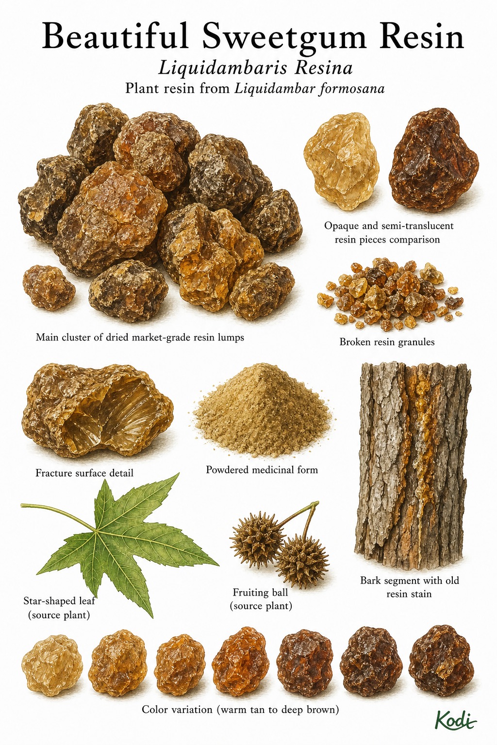 Scientific specimen plate of Beautiful Sweetgum Resin, Liquidambaris Resina, showing dried market-grade resin lumps, broken granules, bark source context, powder, and diagnostic resin details.