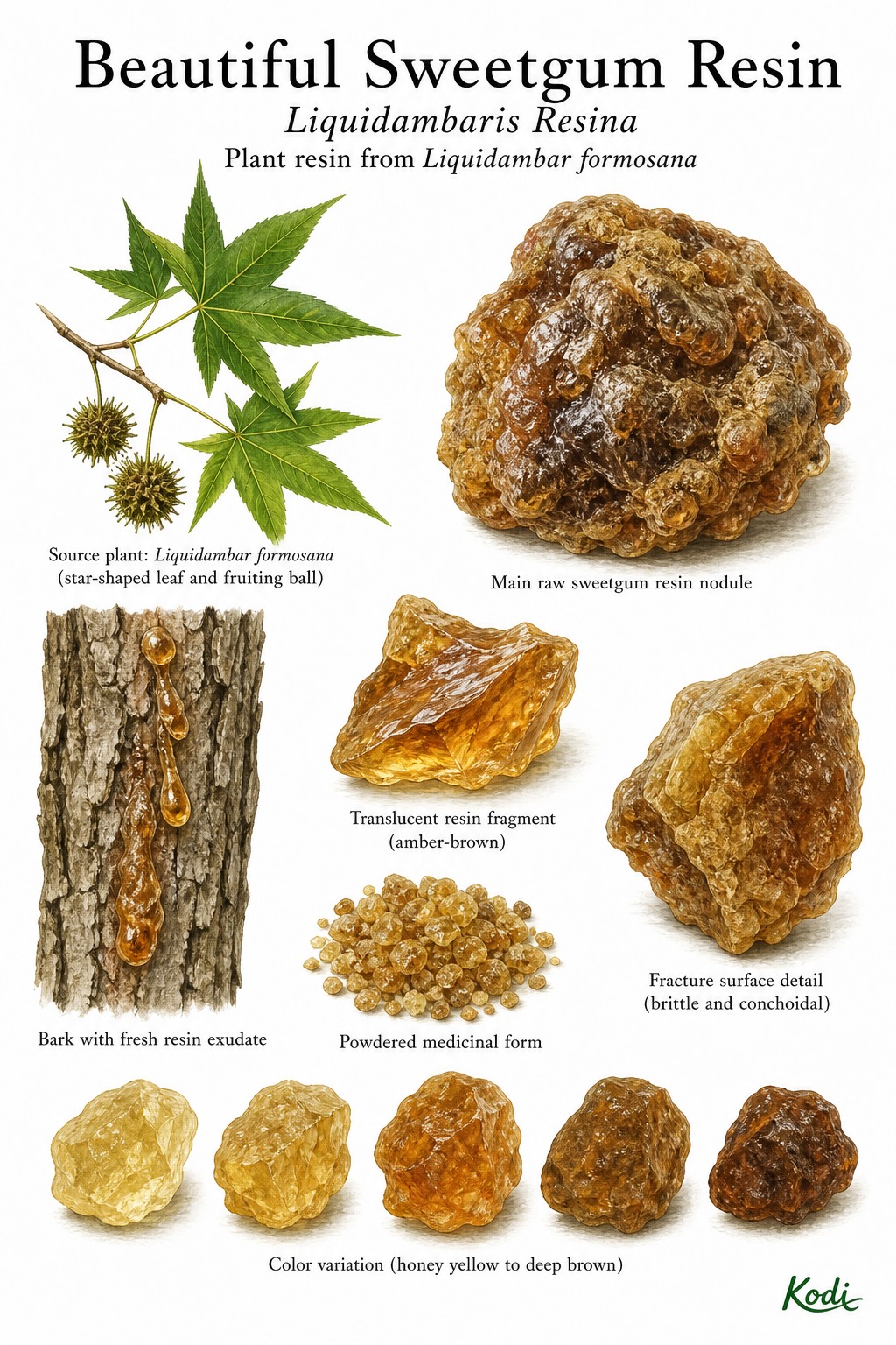 Scientific specimen plate of Beautiful Sweetgum Resin, Liquidambaris Resina, showing raw sweetgum resin, fresh exudate on bark, source leaf and fruit context, powder, and diagnostic resin details.