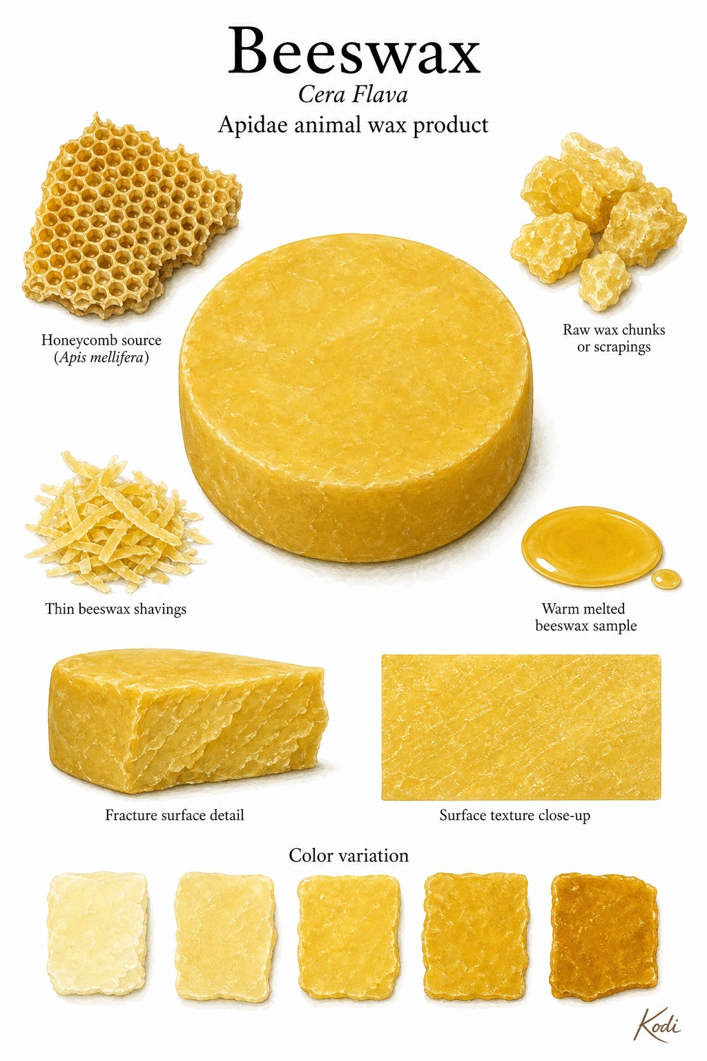 Scientific specimen plate of Beeswax, Cera Flava, showing honeycomb source context, raw wax blocks, shavings, melted wax, and diagnostic material details.