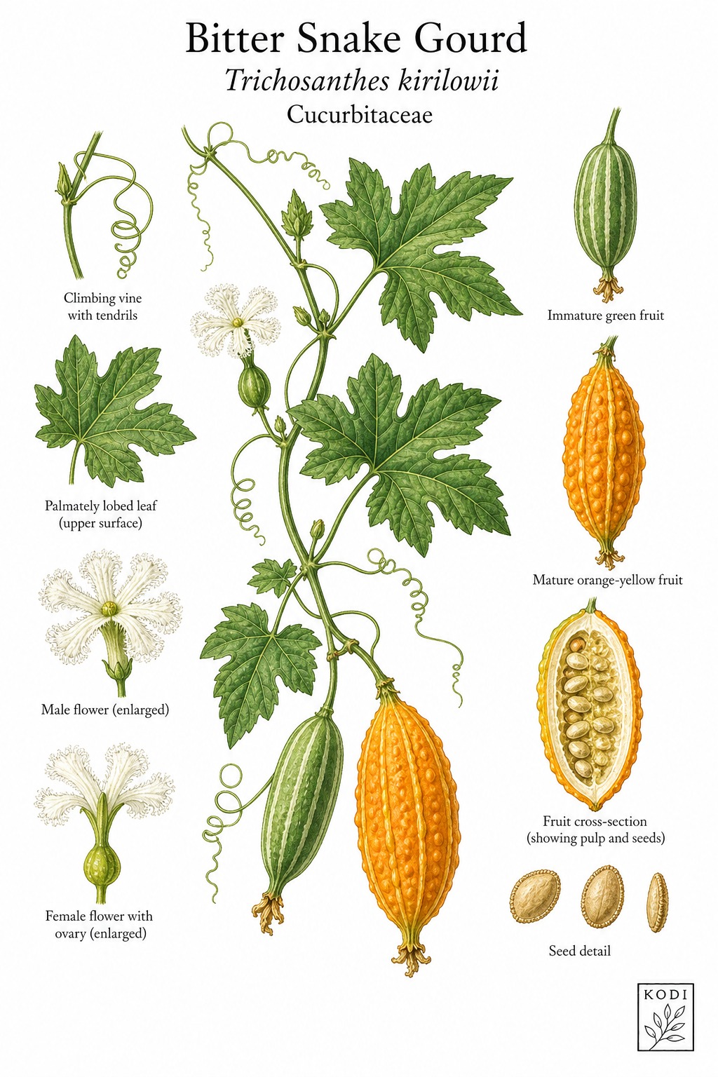 Botanical illustration of Bitter Snake Gourd, Trichosanthes kirilowii, showing vine habit, leaves, flowers, fruit, seeds, and diagnostic plant details.