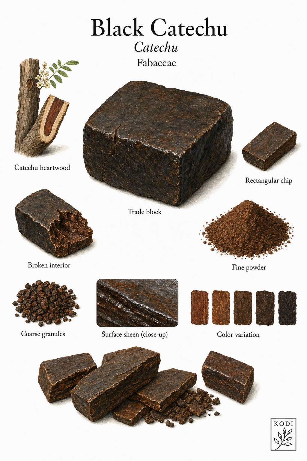 Scientific specimen plate of Black Catechu, Catechu, showing trade blocks, broken chips, powder, and diagnostic material details.