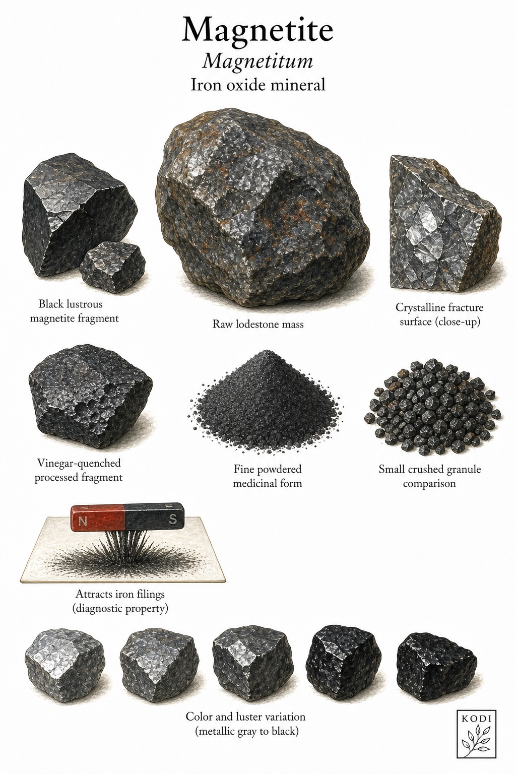 Scientific specimen plate of Magnetite, Magnetitum, showing raw lodestone masses, crystalline fracture, processed fragments, powder, and diagnostic material details.
