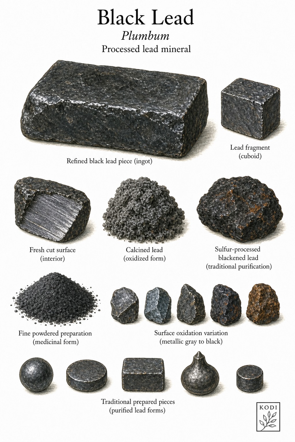 Scientific specimen plate of Black Lead, Plumbum, showing refined lead pieces, calcined forms, sulfur-processed material, powder, and diagnostic material details.