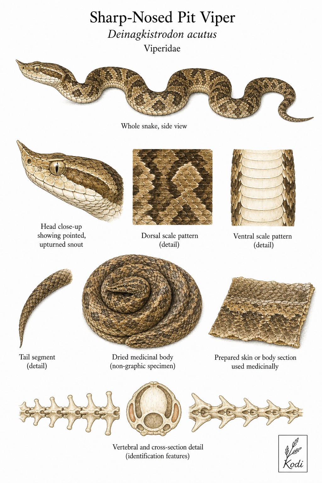 Scientific specimen plate of Sharp-Nosed Pit Viper, Deinagkistrodon acutus, showing whole snake form, head, scale pattern, prepared medicinal body, and diagnostic material details.