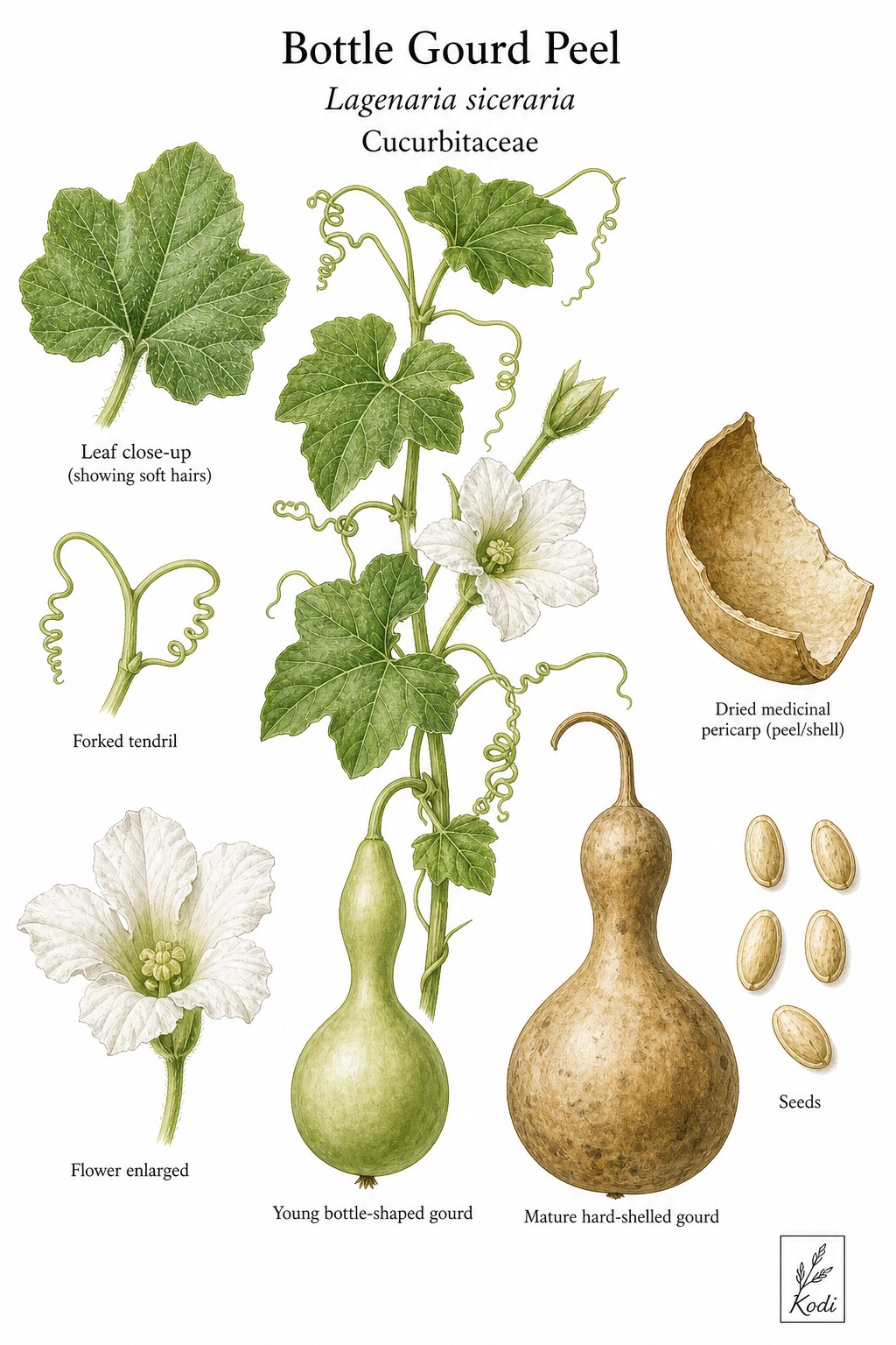 Botanical illustration of Bottle Gourd Peel, Lagenaria siceraria, showing vine habit, leaves, flowers, gourds, peel, seeds, and diagnostic plant details.