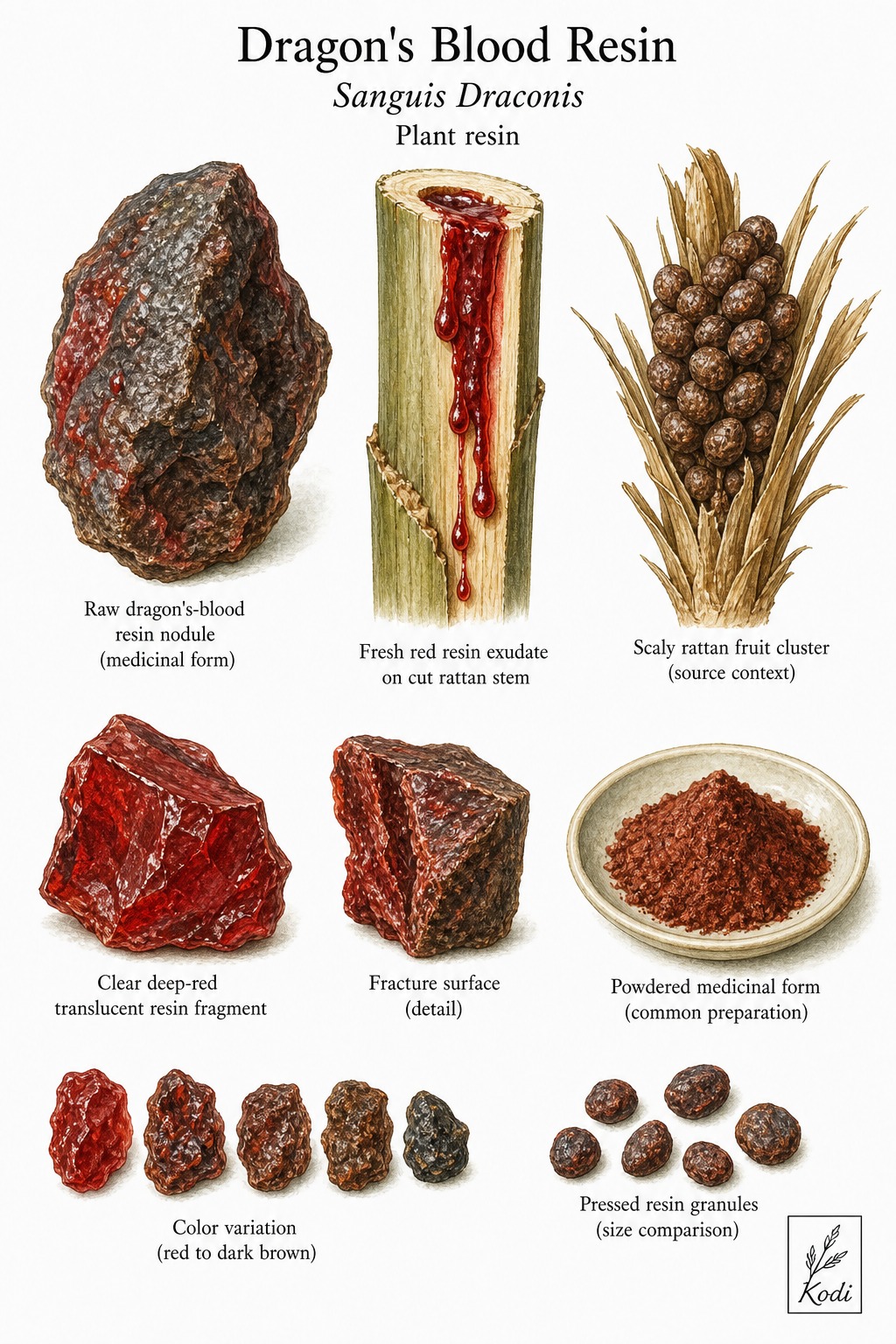 Scientific specimen plate of Dragon's Blood Resin, Sanguis Draconis, showing raw resin, fresh exudate, source palm context, powder, and diagnostic resin details.