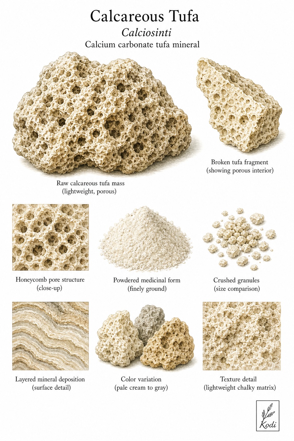 Scientific specimen plate of Calcareous Tufa, Calciosinti, showing porous tufa mass, broken fragments, powder, and diagnostic mineral details.