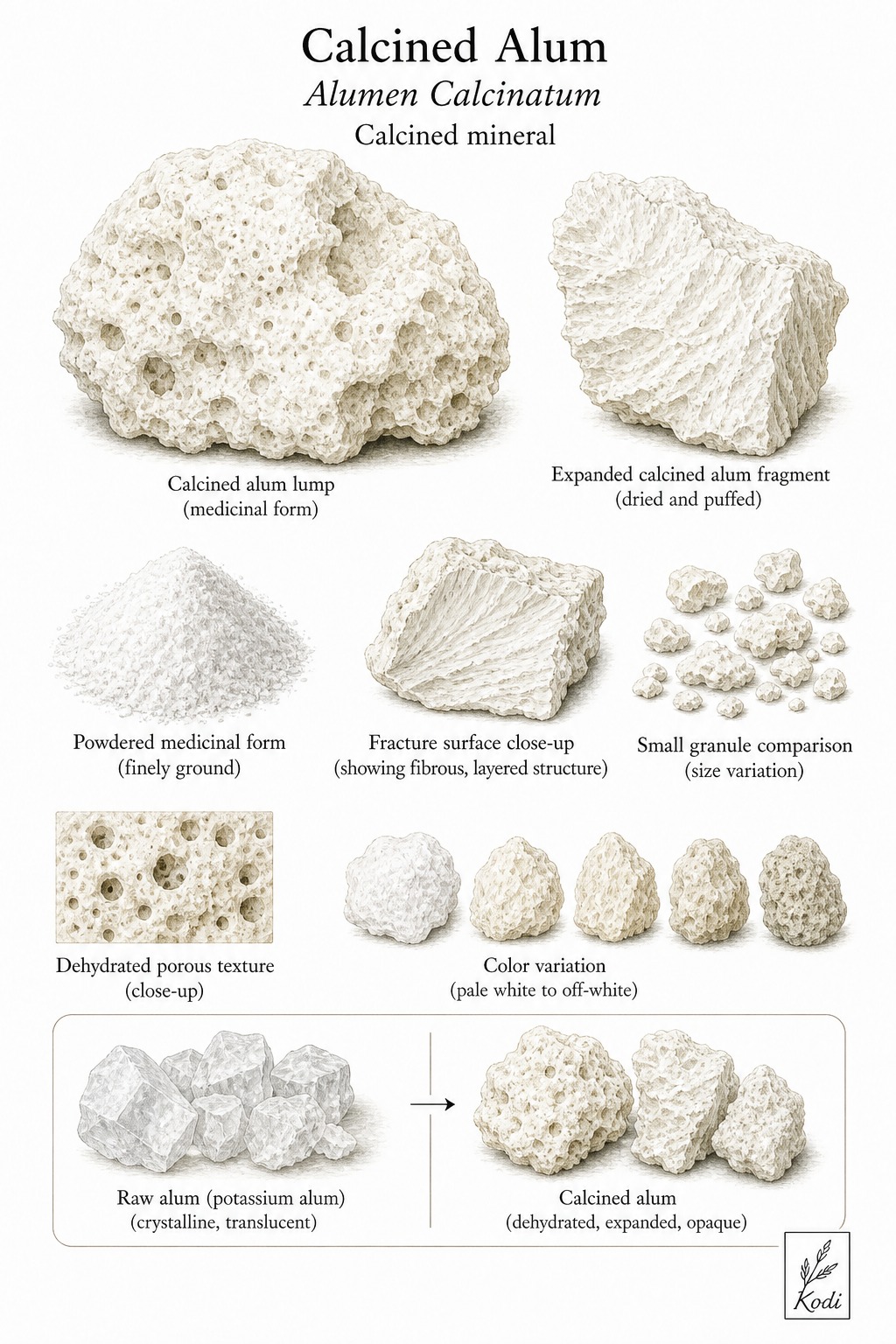 Scientific specimen plate of Calcined Alum, Alumen Calcinatum, showing calcined lumps, chalky fracture, powder, and diagnostic mineral details.