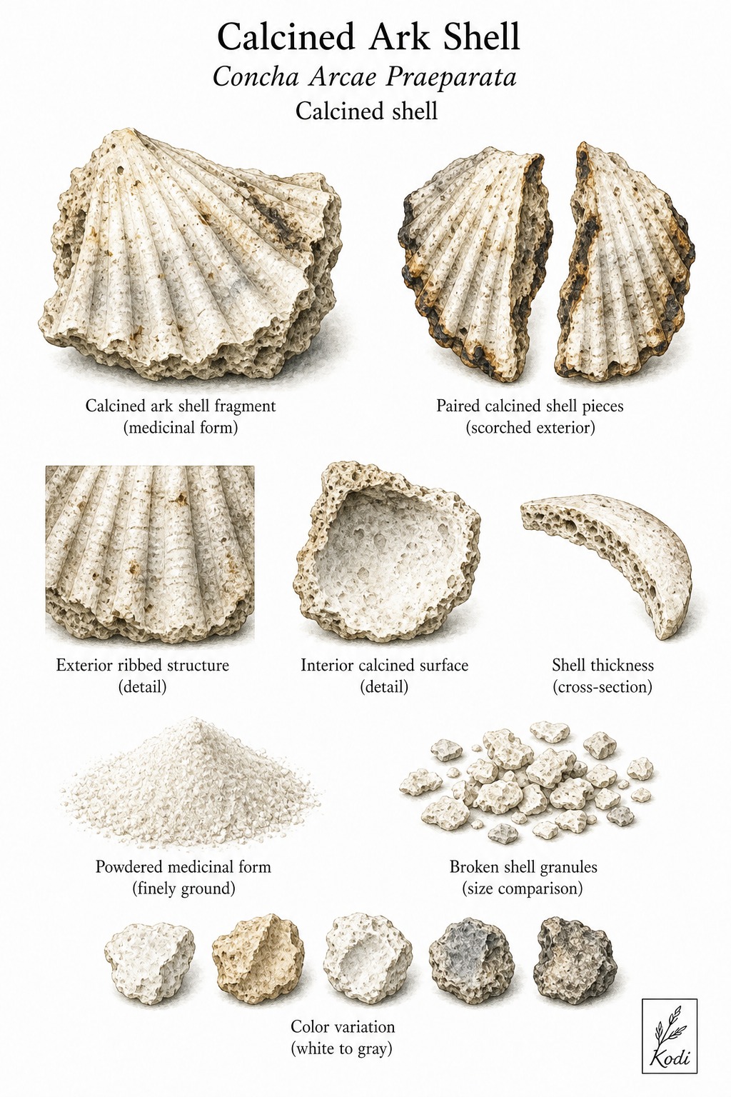 Scientific specimen plate of Calcined Ark Shell, Concha Arcae Praeparata, showing calcined shell fragments, powder, scorched shell structure, and diagnostic material details.