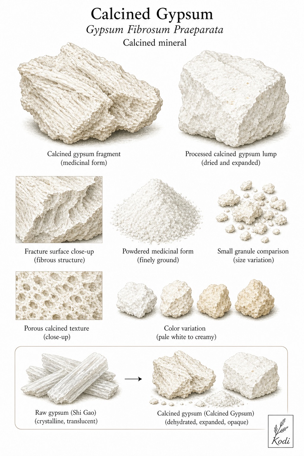 Scientific specimen plate of Calcined Gypsum, Gypsum Fibrosum Praeparata, showing calcined fragments, powder, and diagnostic mineral details.