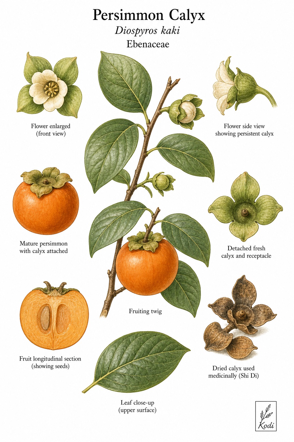 Botanical illustration of Persimmon Calyx, Diospyros kaki, showing branch, leaves, flower, fruit, persistent calyx, dried calyx, and diagnostic plant details.