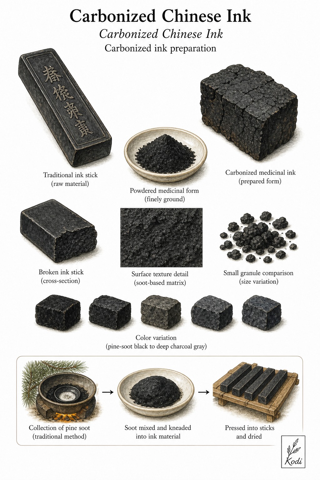 Scientific specimen plate of Carbonized Chinese Ink, Carbonized Chinese Ink, showing ink stick material, charred preparation, powder, and diagnostic material details.