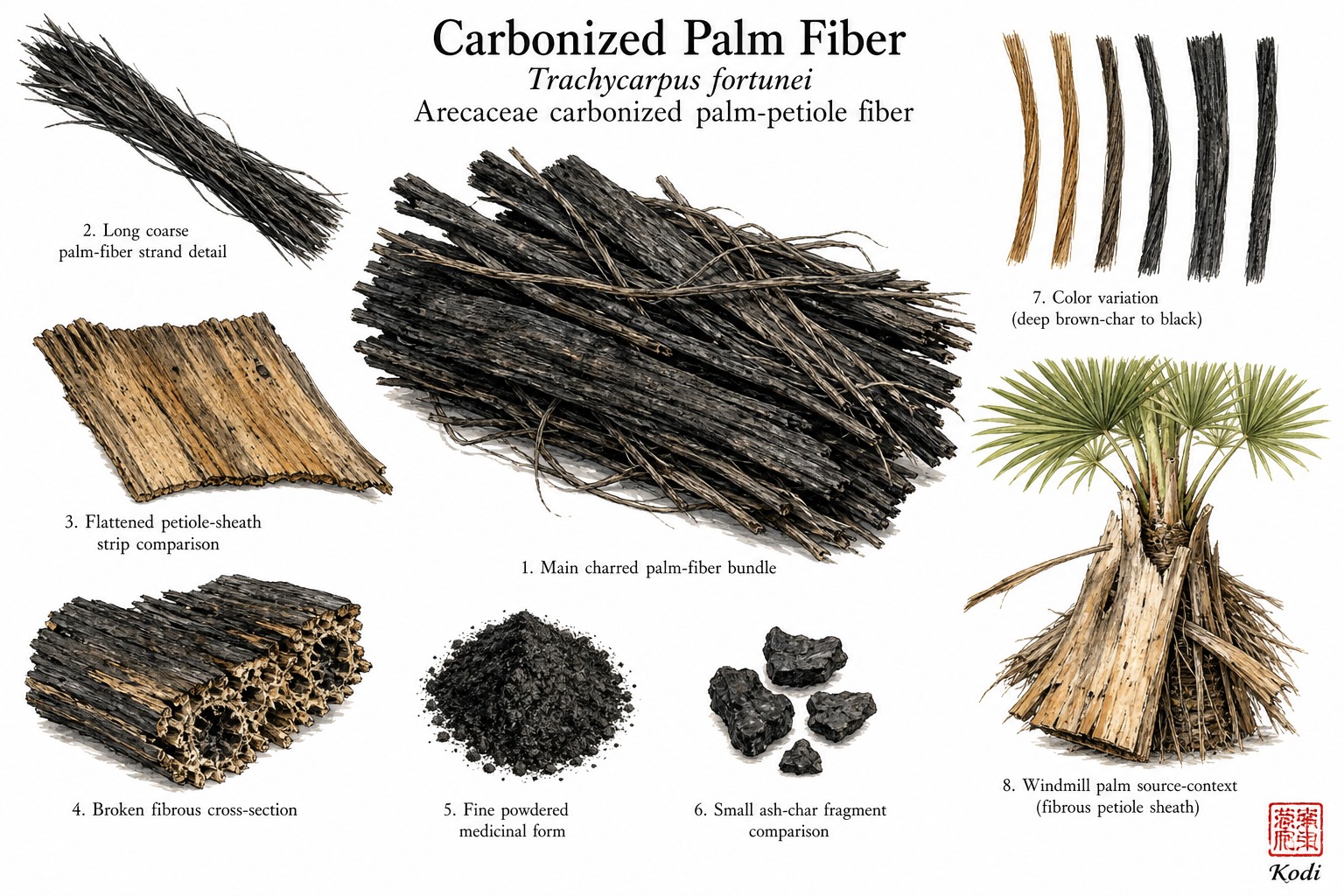 Scientific specimen plate of Carbonized Palm Fiber, Trachycarpus fortunei, showing charred palm-fiber bundles, petiole-sheath texture, powder, and diagnostic material details.