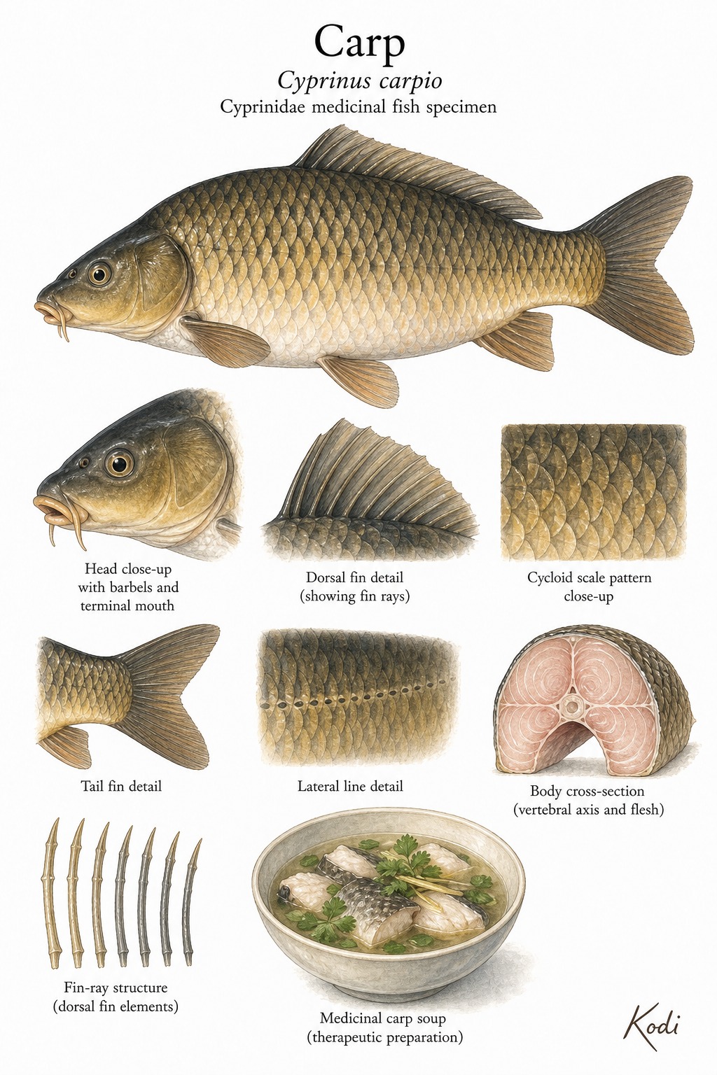 Scientific specimen plate of Carp, Cyprinus carpio, showing whole fish form, head, scales, fin details, and diagnostic material details.