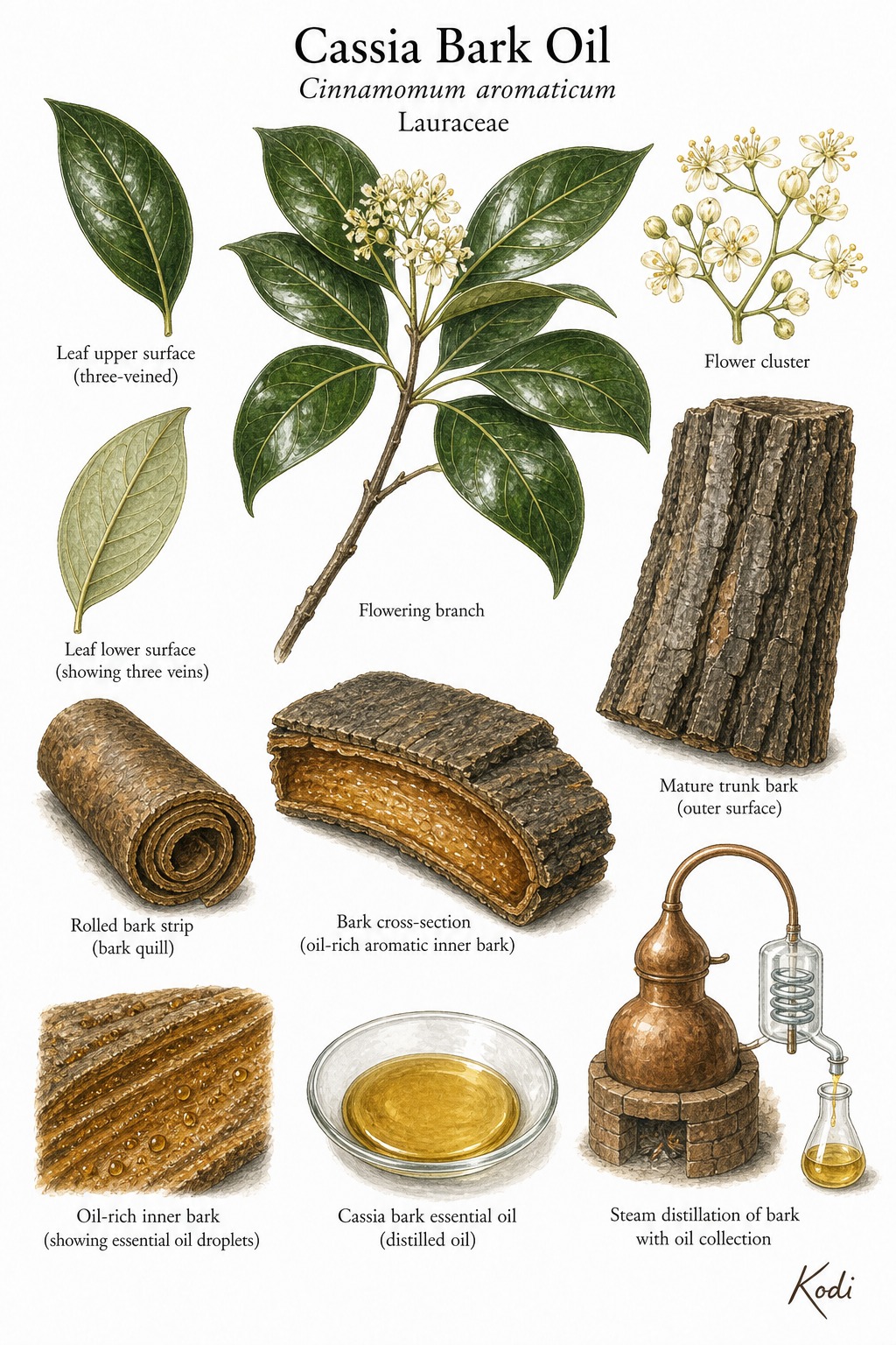 Botanical illustration of Cassia Bark Oil, Cinnamomum aromaticum, showing branch, leaves, bark, oil-rich inner bark, distilled oil, and diagnostic plant details.