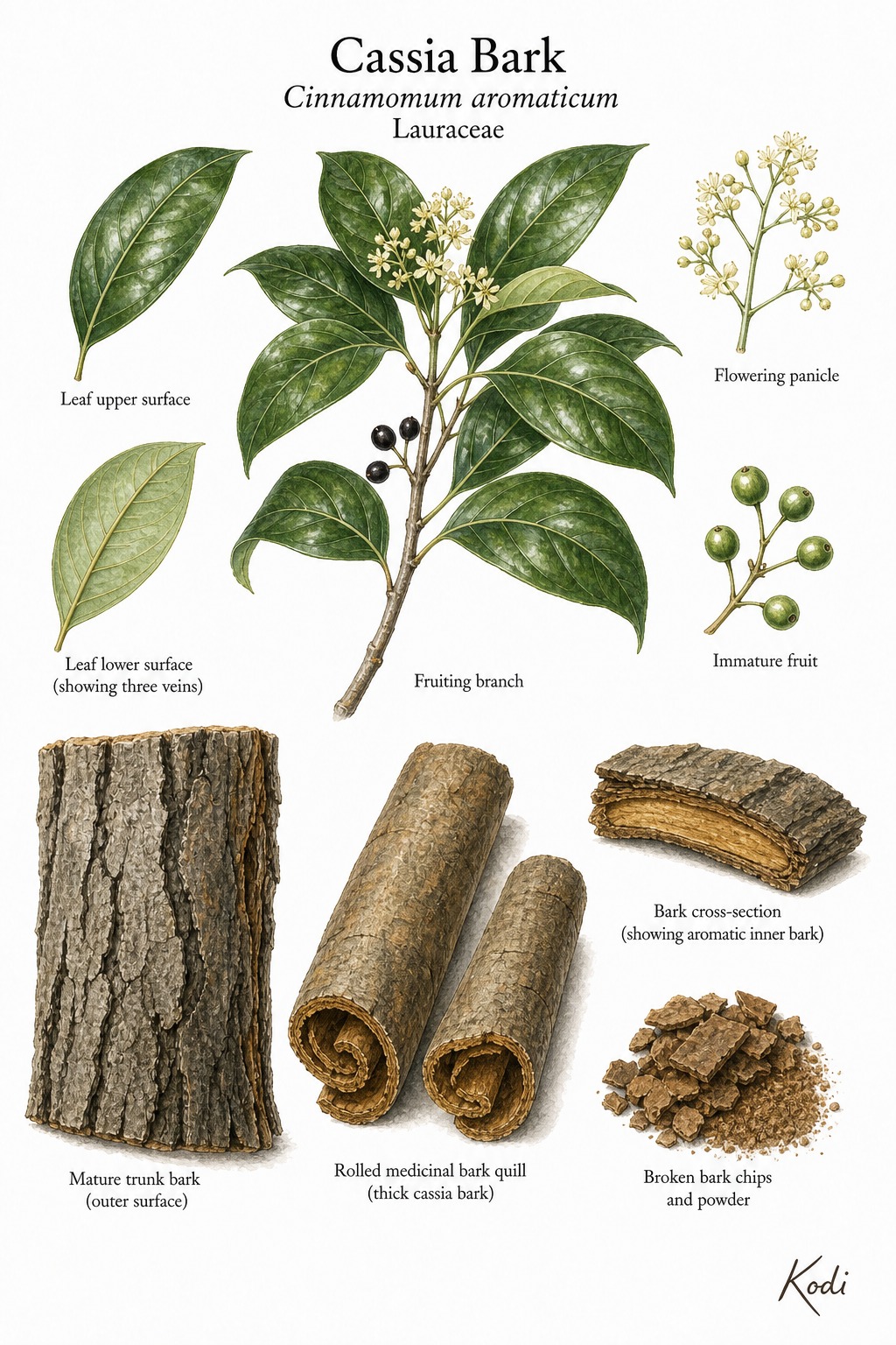 Botanical illustration of Cassia Bark, Cinnamomum aromaticum, showing branch, leaves, flowers, fruit, bark slabs, medicinal bark quills, and diagnostic plant details.