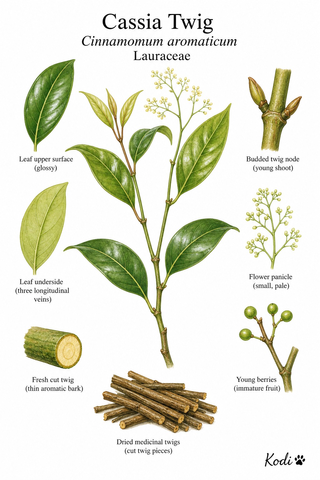 Botanical illustration of Cassia Twig, Cinnamomum aromaticum, showing slender twigs, three-veined leaves, flowers, fruit, and diagnostic twig details.