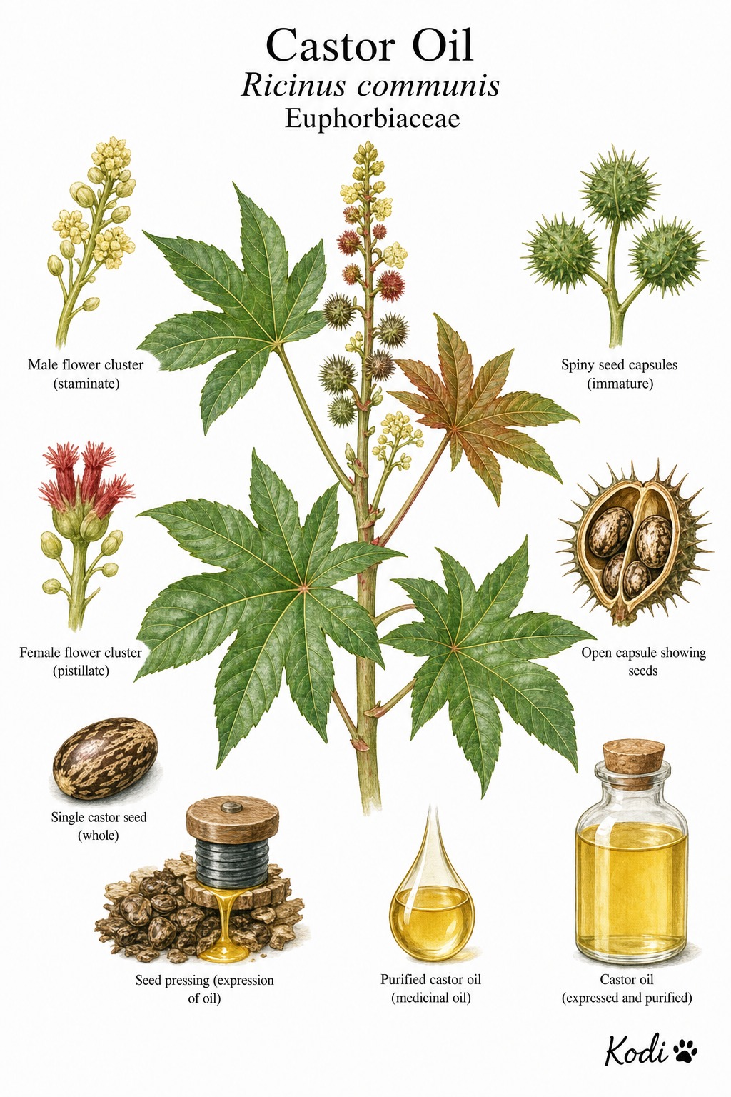 Botanical illustration of Castor Oil, Ricinus communis, showing castor leaves, flowers, capsules, seeds, expressed oil, and diagnostic plant details.