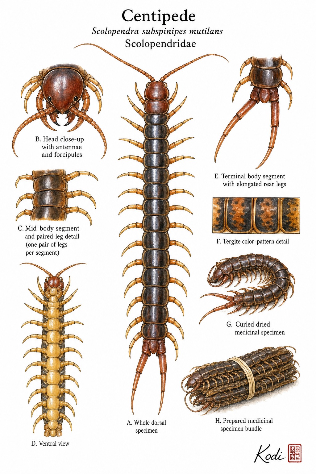 Scientific specimen plate of Centipede, Scolopendra subspinipes mutilans, showing whole specimen form, head, segments, legs, dried medicinal form, and diagnostic material details.