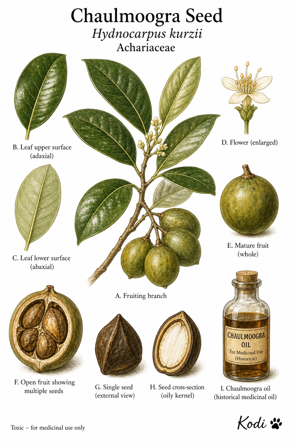 Botanical illustration of Chaulmoogra Seed, Hydnocarpus kurzii, showing branch, leaves, fruit, seeds, oil-rich kernel, and diagnostic plant details.